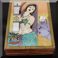 D67. Hinged top wood box with Indian woman and brass inlay and 2 matching pencil holders5” x 3” - $28 